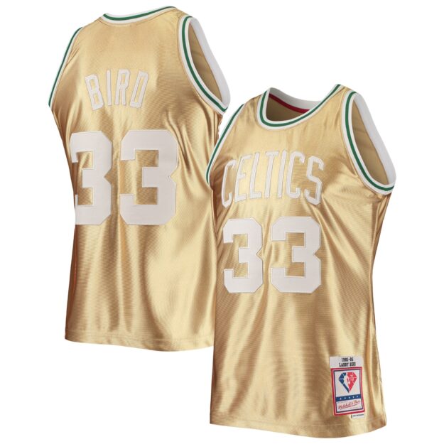 Men's Mitchell & Ness Larry Bird Gold Boston Celtics 75th Anniversary 1985-86 Hardwood Classics Swingman Jersey