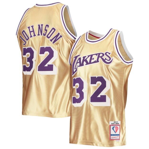 Men's Mitchell & Ness Magic Johnson Gold Los Angeles Lakers 75th Anniversary 1984-85 Hardwood Classics Swingman Jersey