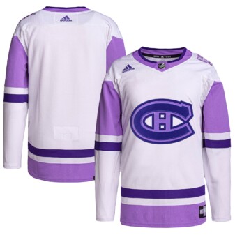 Men's adidas White/Purple Montreal Canadiens Hockey Fights Cancer Primegreen Authentic Blank Practice Jersey