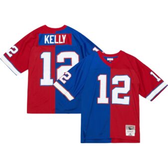 Men's Mitchell & Ness Jim Kelly Royal/Red Buffalo Bills Big & Tall Split Legacy Retired Player Replica Jersey