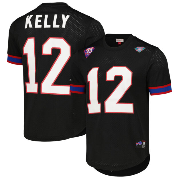 Men's Mitchell & Ness Jim Kelly Black Buffalo Bills Retired Player Name & Number Mesh Top