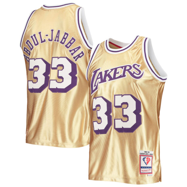 Men's Mitchell & Ness Kareem Abdul-Jabbar Gold Los Angeles Lakers 75th Anniversary 1983/84 Hardwood Classics Swingman Jersey