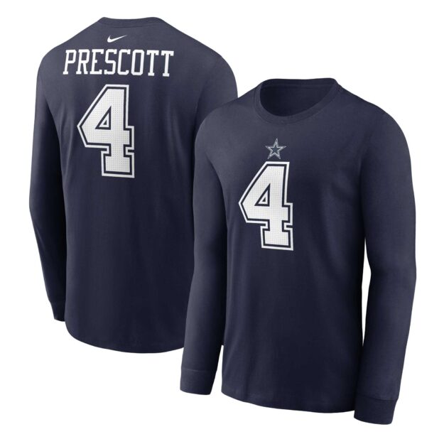 Men's Nike Dak Prescott Navy Dallas Cowboys Player Name & Number Long Sleeve T-Shirt