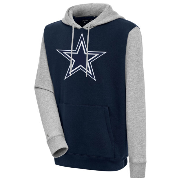 Men's Antigua Navy/Heather Gray Dallas Cowboys Victory Colorblock Pullover Hoodie