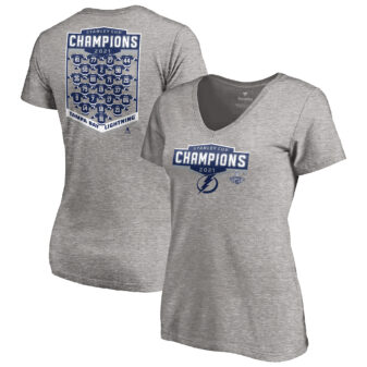 Women's Fanatics Branded Heathered Gray Tampa Bay Lightning 2021 Stanley Cup Champions Jersey Roster V-Neck T-Shirt