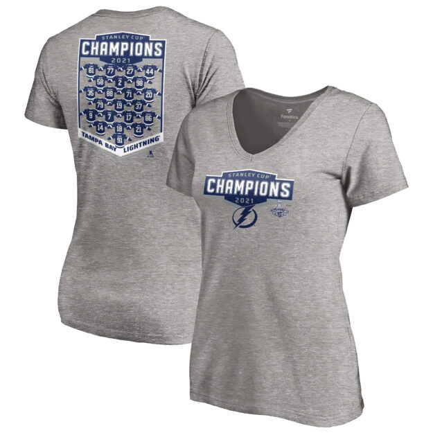 Women's Fanatics Branded Heathered Gray Tampa Bay Lightning 2021 Stanley Cup Champions Jersey Roster V-Neck T-Shirt