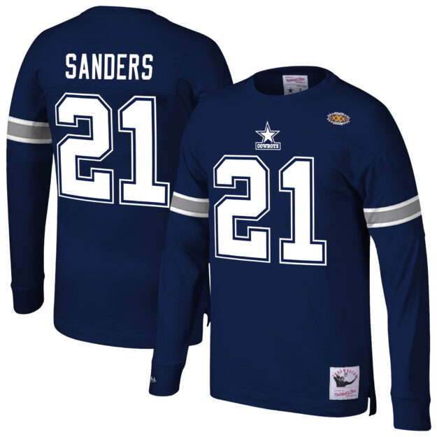 Men's Mitchell & Ness Deion Sanders Navy Dallas Cowboys Retired Player Name & Number Long Sleeve Top