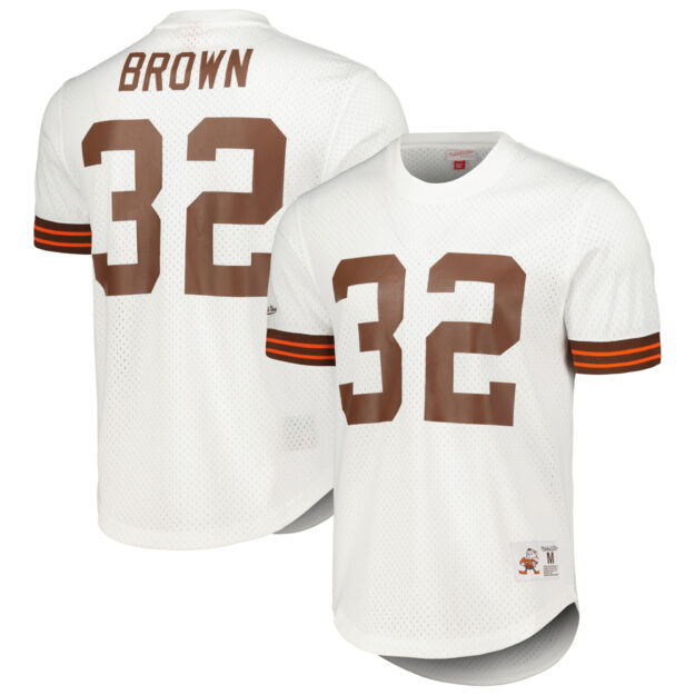 Men's Mitchell & Ness Jim Brown White Cleveland Browns Retired Player Name & Number Mesh Top