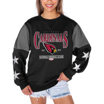 Women's Gameday Couture Black Arizona Cardinals Rhinestone Star Mesh Shoulder Fleece Pullover Sweatshirt