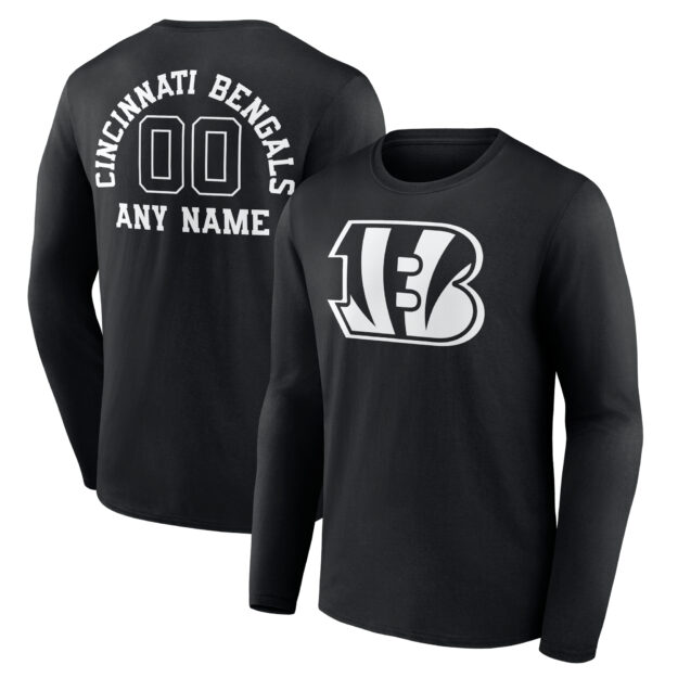 Men's Black Cincinnati Bengals Personalized Name & Number Monochrome Long Sleeve T-Shirt