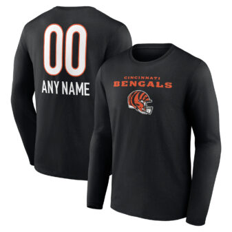 Men's Black Cincinnati Bengals Personalized Name & Number Team Wordmark Long Sleeve T-Shirt