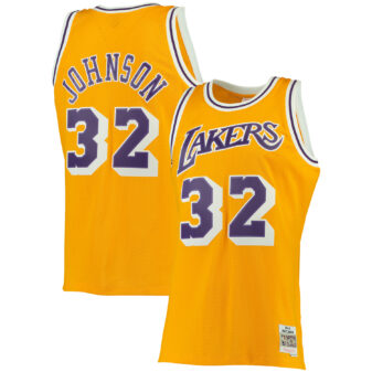 Men's Mitchell & Ness Magic Johnson Gold Los Angeles Lakers 1984/85 Big & Tall Hardwood Classics Swingman Jersey