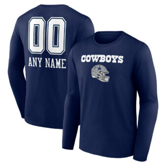 Men's Navy Dallas Cowboys Personalized Name & Number Team Wordmark Long Sleeve T-Shirt