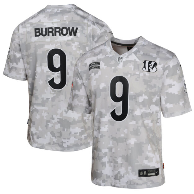 Youth Nike Joe Burrow Arctic Camo Cincinnati Bengals 2024 Salute to Service Game Jersey